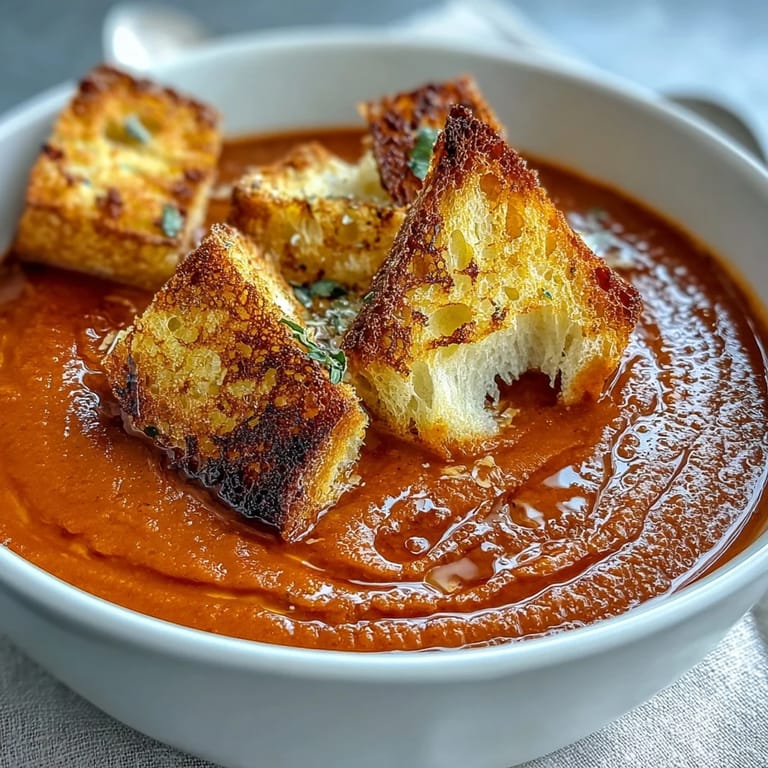 Warm bowl of rich roasted tomato soup, crowned with crusty croutons.