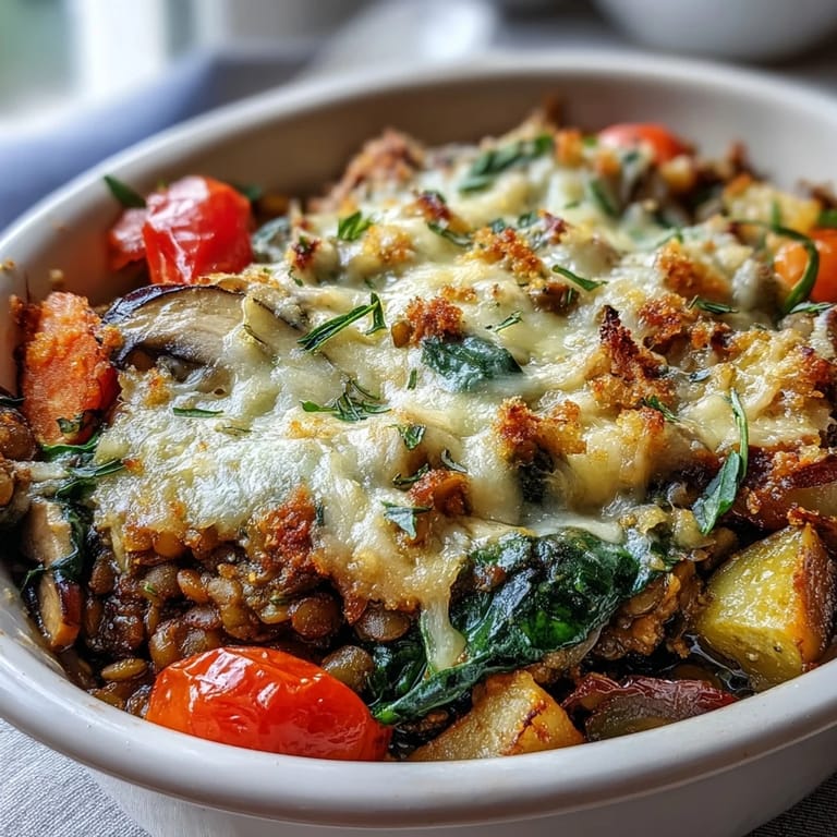 Spoon lifting a savory portion of Green Lentil and Vegetable Casserole, revealing tender lentils and chunky roasted vegetables.