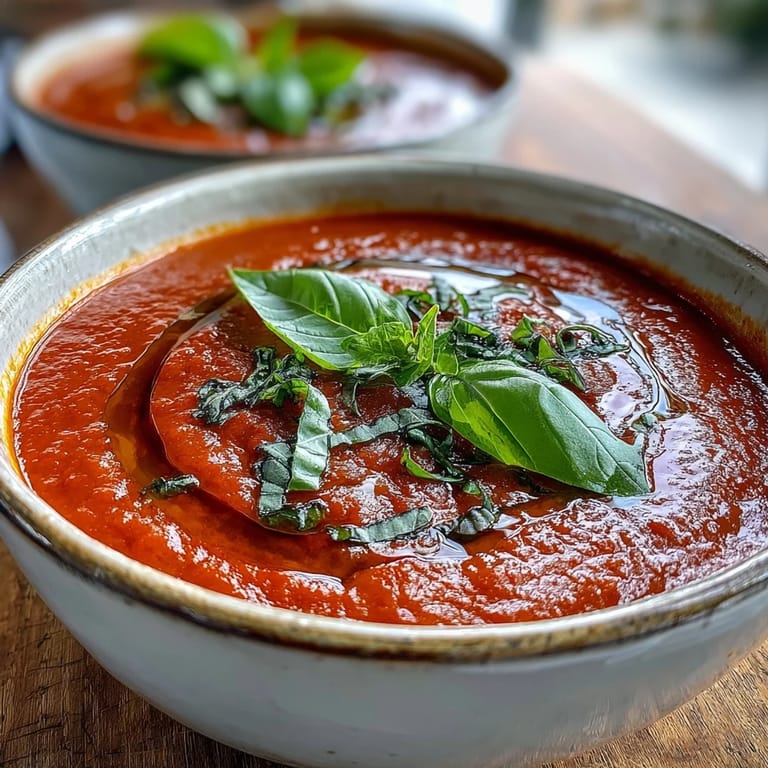 A close view of creamy Tomato and Basil Soup topped with fresh basil and olive oil.