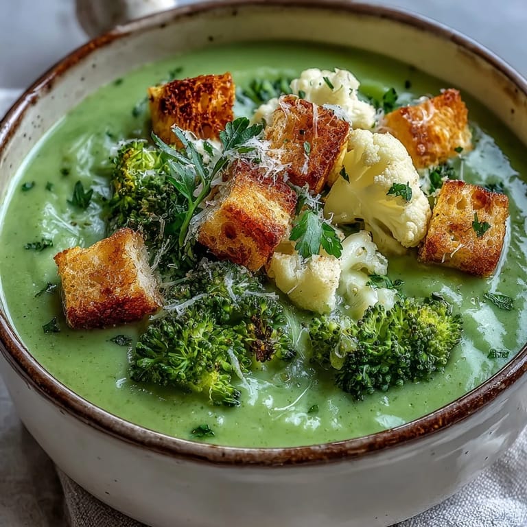 Homemade Cauliflower and Broccoli Soup served hot with crunchy garlic croutons and fresh herbs, perfect for a comforting chilly day meal.