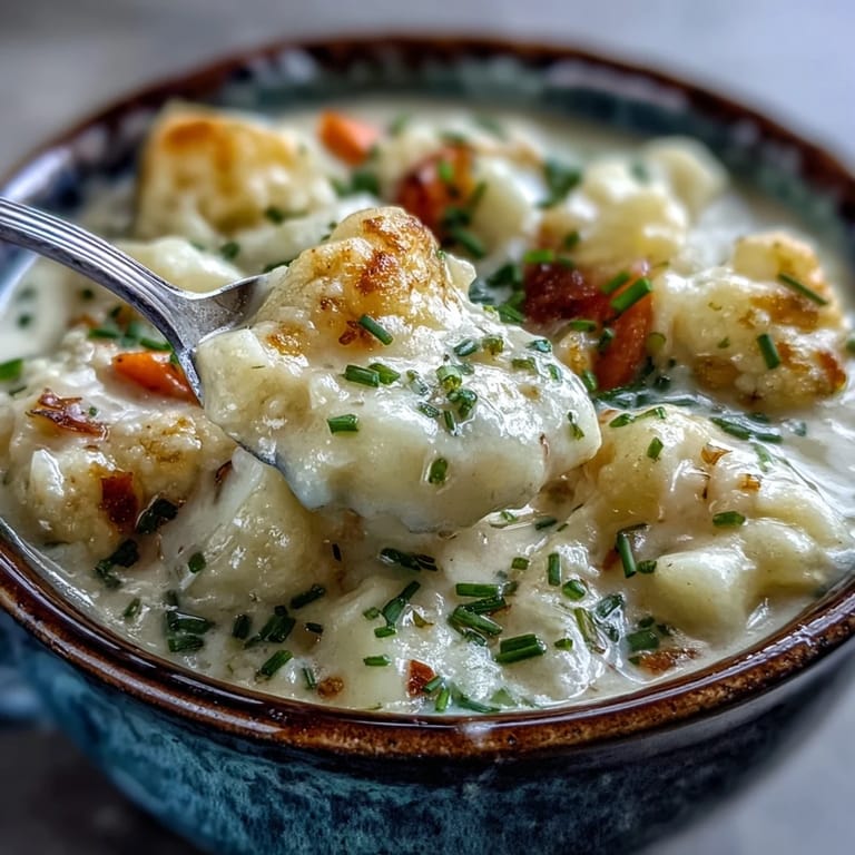 Spoonful of hearty cauliflower and potato chowder ready to serve with crusty bread.