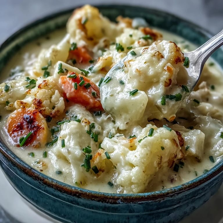 Vegetarian cauliflower chowder simmering in a pot with steam and diced carrots.