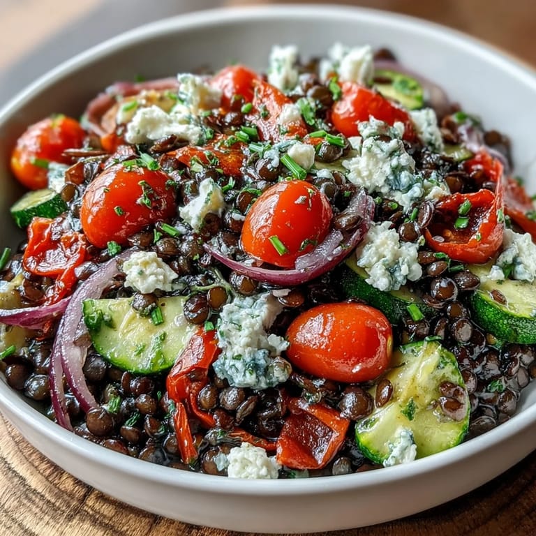 Close-up of Black Lentil Salad showing tender Beluga lentils, diced veggies, pumpkin seeds, and a zesty lemon dressing.