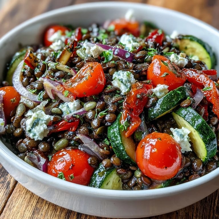 Black Lentil Salad served as a colorful main dish with roasted bell peppers and zucchini on a white plate.