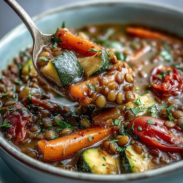 Vibrant roasted vegetables and tender lentils make up this healthy, vegan Lentil and Vegetable Soup served beside crusty artisan bread.