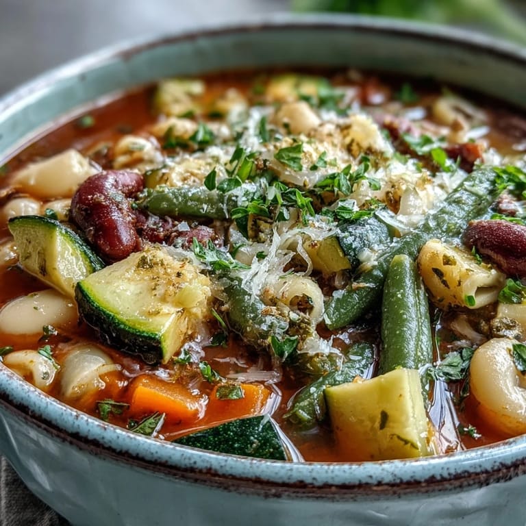 Colorful Minestrone Vegetable Soup in a rustic pot, featuring zucchini, carrots, beans, and pasta in a rich tomato broth, ready to serve.