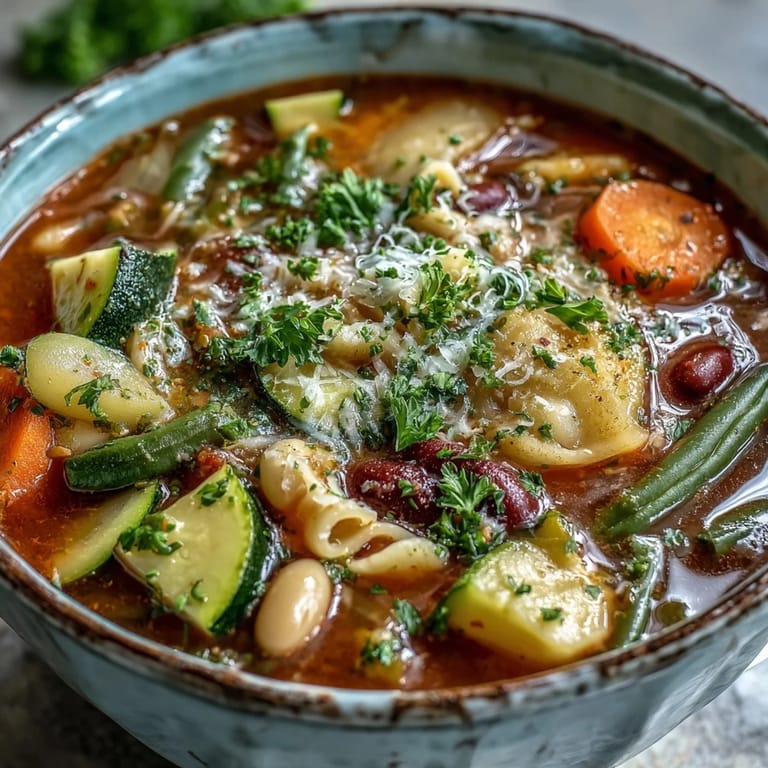 Close-up of Minestrone Vegetable Soup showing fresh spinach wilted into the broth, with a spoon ready for a comforting, nutritious meal.