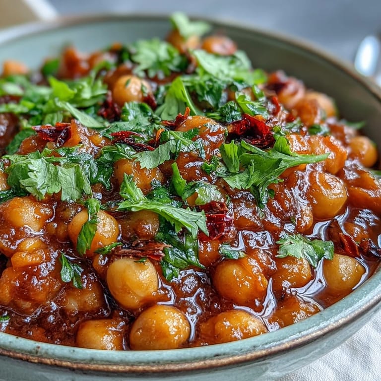 Bright red Spicy Chickpea Stew simmering in a Dutch oven, featuring tender chickpeas and diced carrots in a rich tomato broth.