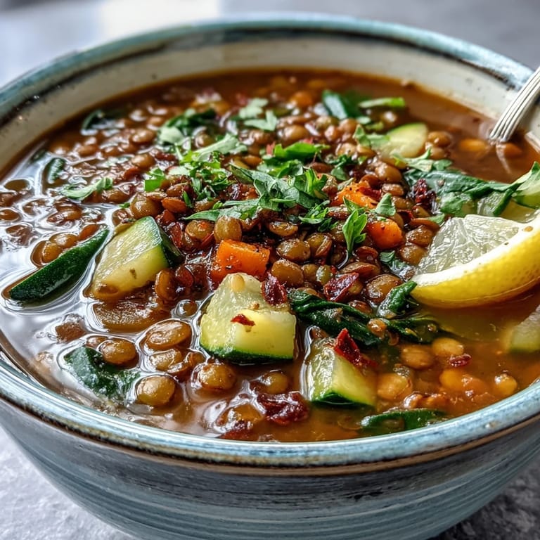 Rustic Lentil Soup simmering with cumin and paprika in a pot, garnished with fresh parsley.