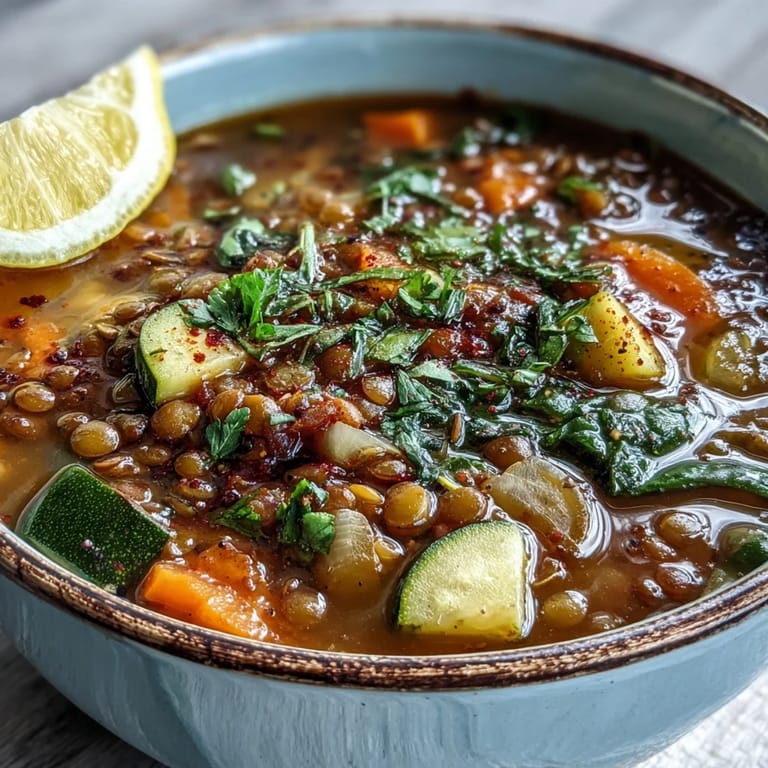 Healthy vegan Lentil Soup with zucchini and spinach, perfect with crusty bread for dipping.