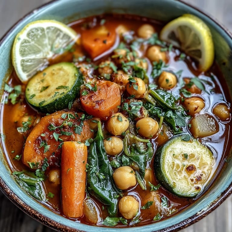 Ladle of warm Mediterranean Chickpea Stew into a rustic bowl, garnished with fresh parsley and served with lemon wedges.