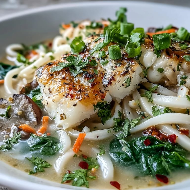 Flaky poached cod rests over udon noodles in a fragrant coconut broth garnished with fresh herbs.