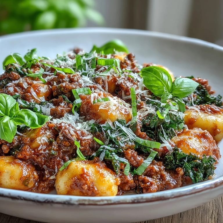 Close-up of Sausage Gnocchi with kale and Parmesan, showing a hearty, comforting weeknight dinner served steaming hot.