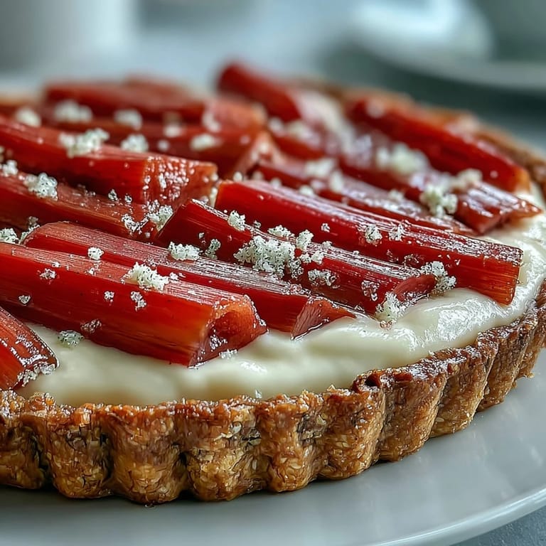Close-up of a slice, revealing smooth elderflower custard and tender roasted rhubarb on a buttery tart base.