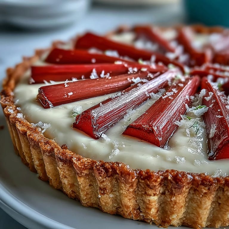 A golden, crisp tart shell showcases rich white chocolate custard and tangy rhubarb, ready for a spring celebration.