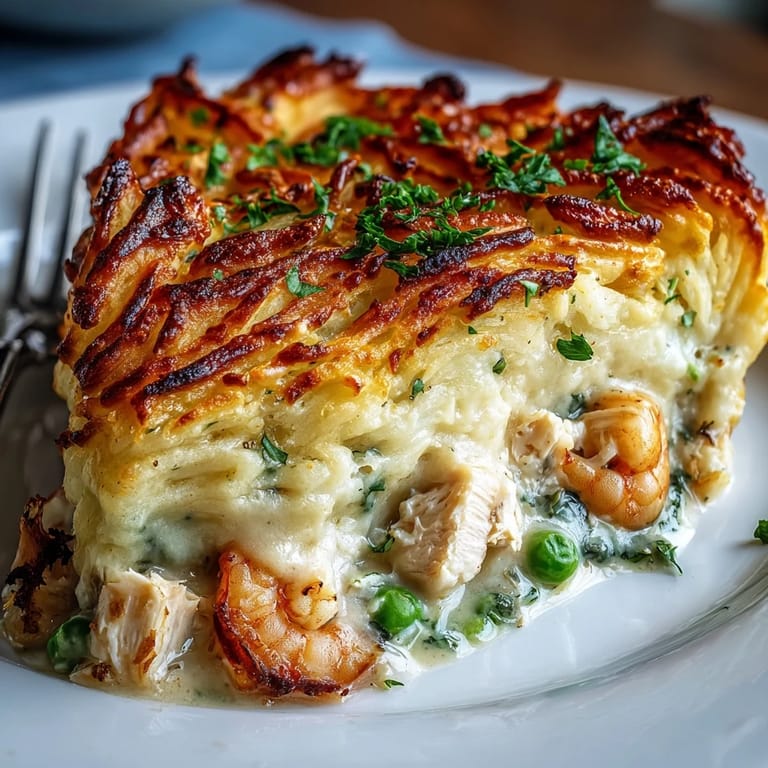 Fork-marked potato topping sits atop a rich Curried Fish Pie with shrimp and peas peeking through.