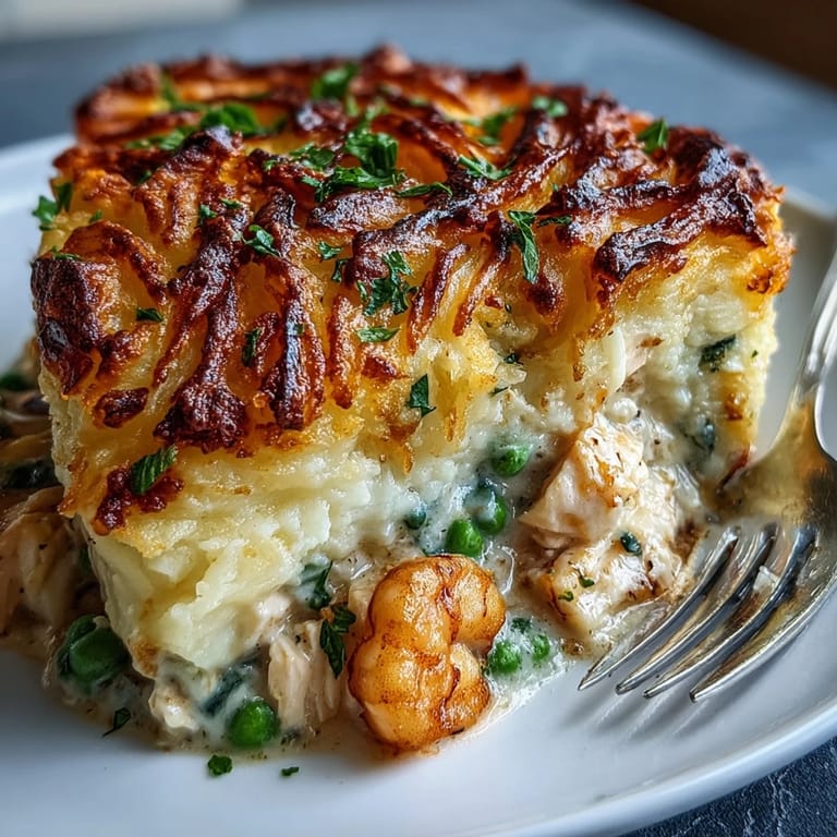 A spoon serves a steaming portion of Curried Fish Pie onto a plate beside a glass of white wine.