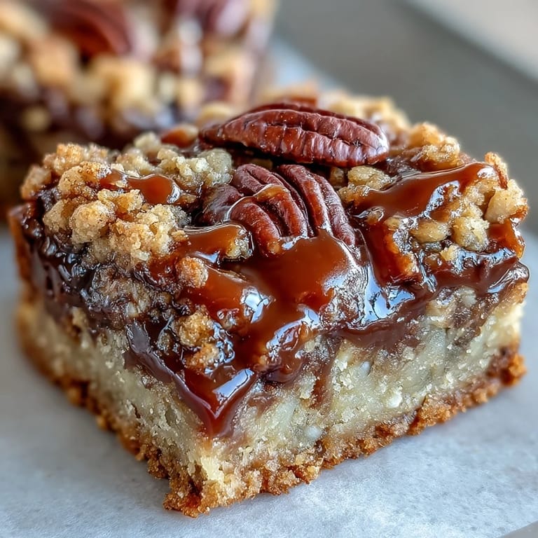 Freshly cut squares of Decadent Sweet and Chewy Turtle Bars highlight the buttery oat crumble and toasted pecan toppings.