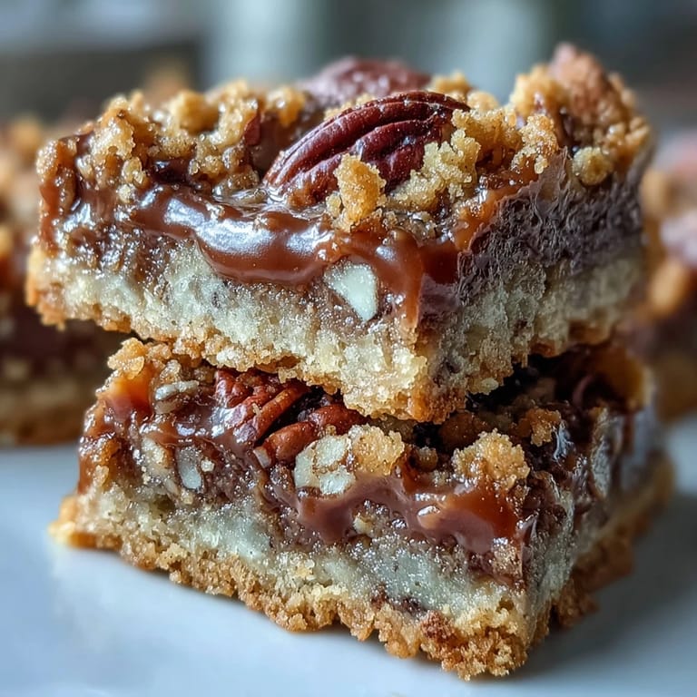 Decadent Sweet and Chewy Turtle Bars are drizzled with extra chocolate, serving 16 delicious, gooey vegetarian dessert squares.