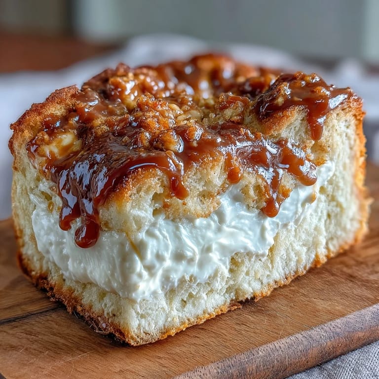 Two loaves of warm Caramel Cream Cheese Bread topped with caramel drizzle on a cooling rack, perfect for breakfast or dessert.