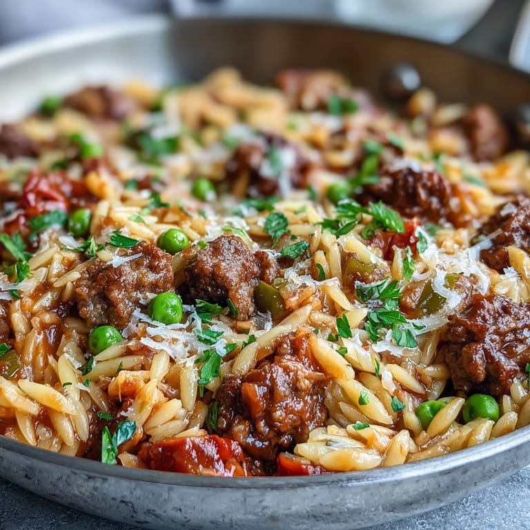 Serve Comforting Ground Beef Orzo Dinner hot from the pan, garnished with fresh parsley and cheese.