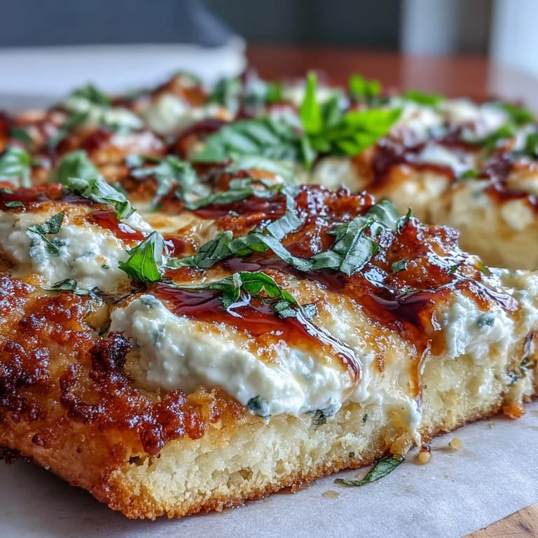 Close-up of a Hot Honey Ricotta Pizza slice being lifted, revealing creamy ricotta and melted mozzarella layers with a sweet-heat glaze.