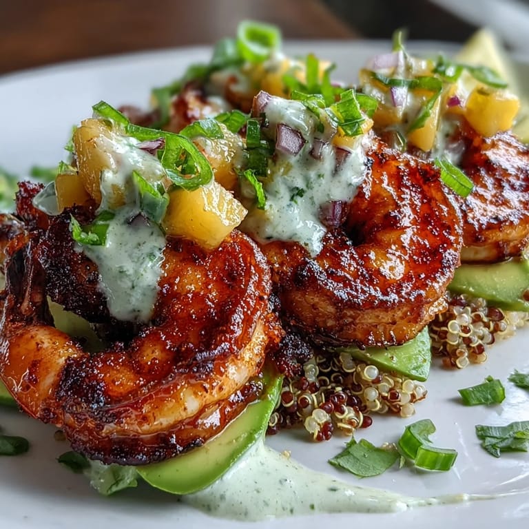 A close-up of Fresh Shrimp and Creamy Avocado Bowls highlights succulent shrimp, ripe avocado slices, and bright, chunky mango salsa.