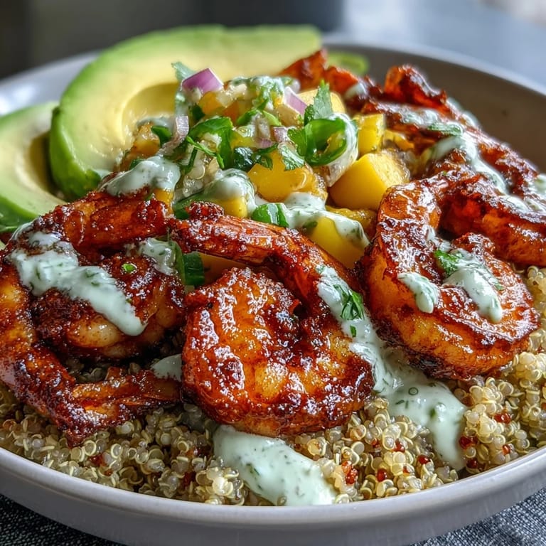 Overhead view of Fresh Shrimp and Creamy Avocado Bowls, complete with zesty lime chili sauce and fresh cilantro garnish, perfect for dinner.