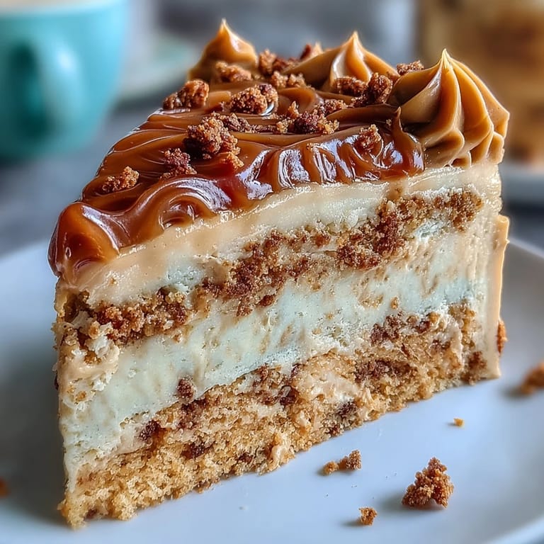 Overhead view of a Decadent Baked Biscoff Cake, fully frosted with creamy icing and garnished with crushed Biscoff biscuit pieces for texture.