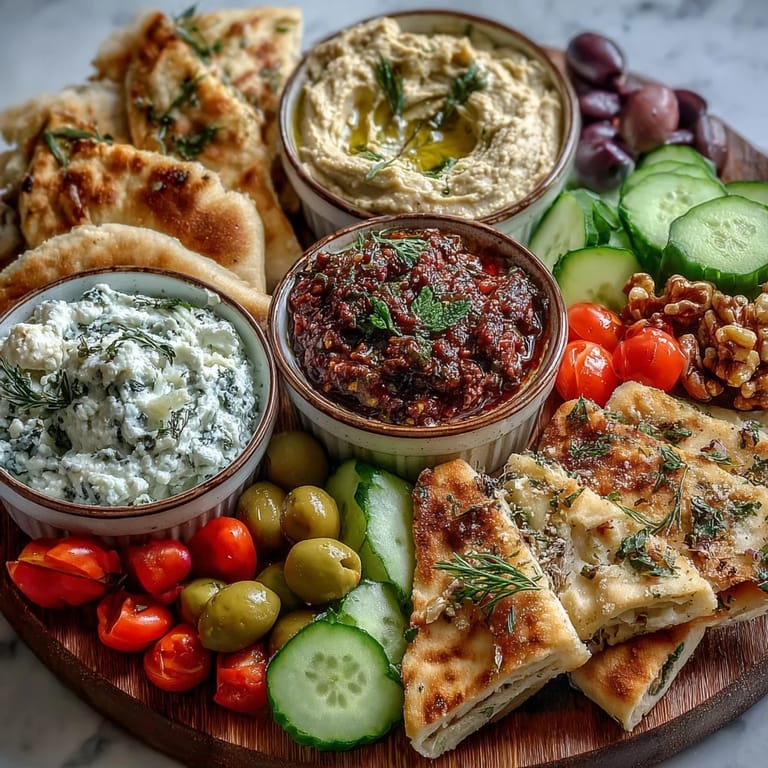 Vibrant Mediterranean Brunch Board with dips and flatbreads, served with olives, nuts, and fresh veggies for sharing.