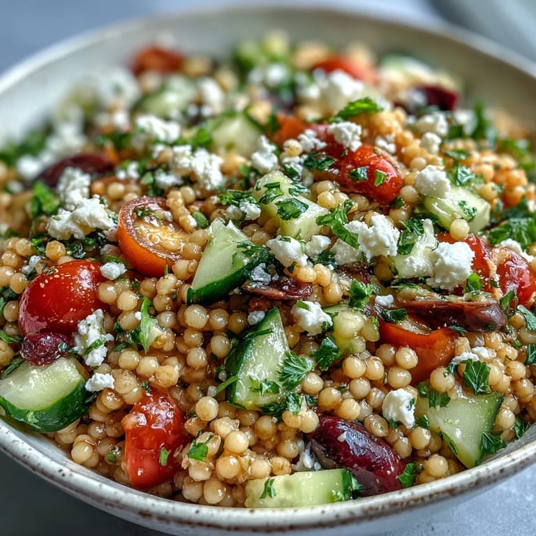 Tossing Mediterranean Pearl Couscous with a zesty oregano vinaigrette in a large glass bowl, next to fresh parsley and diced vegetables.