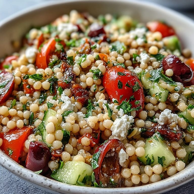 A serving spoon lifting a portion of Mediterranean Pearl Couscous salad, showing toasted pearls, juicy cherry tomatoes, and briny olives.