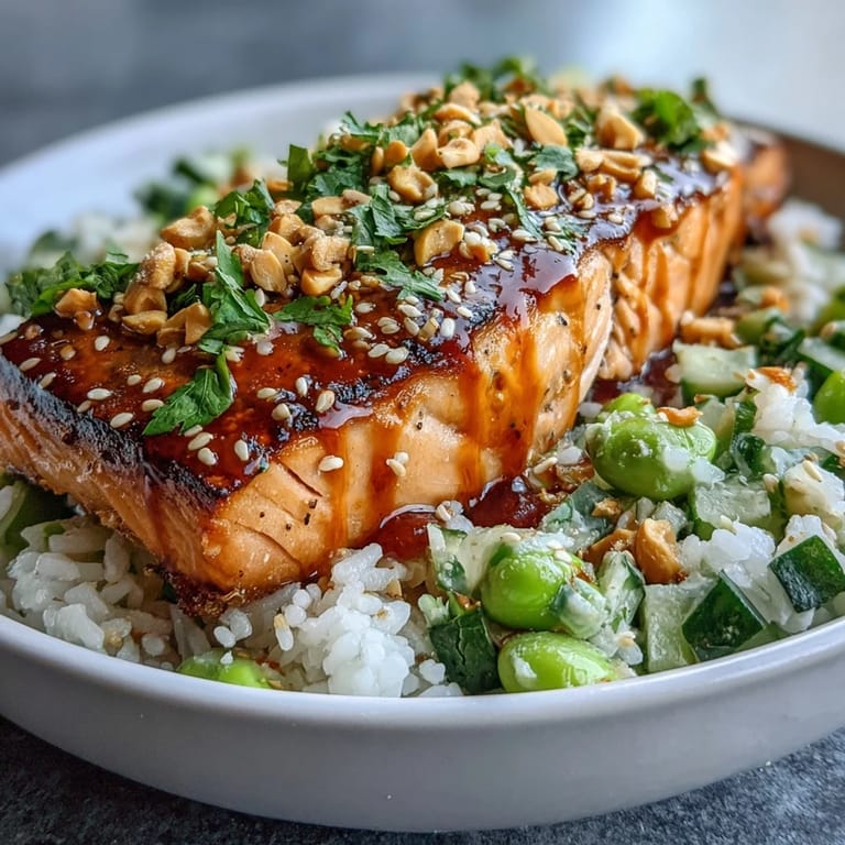 Bang Bang Salmon Bowl topped with toasted sesame seeds, cilantro, and lime wedges for a bright, flavorful finish.