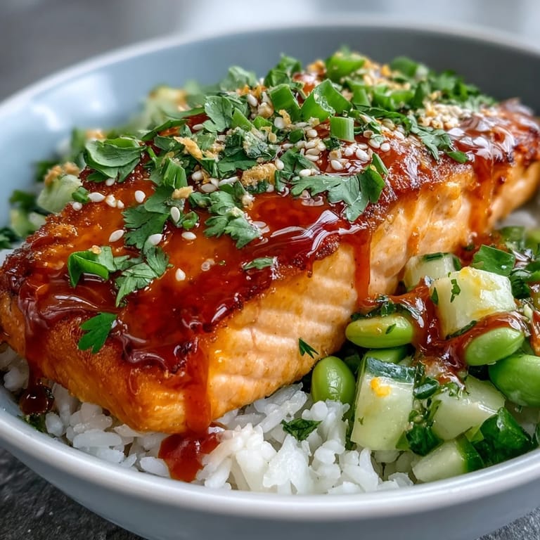 Sizzling salmon fillet in a Bang Bang Salmon Bowl, drizzled with creamy bang bang sauce and served with crisp veggies.