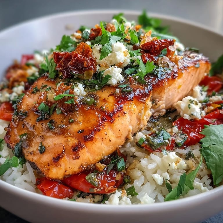 Crispy skinned salmon fillet atop golden rice, topped with sun-dried tomatoes, feta, and cilantro.