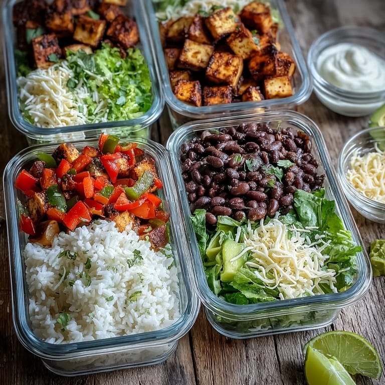 Colorful Mexican-inspired burrito bowl components including corn, tomatoes, and avocado, neatly organized for easy meal assembly.