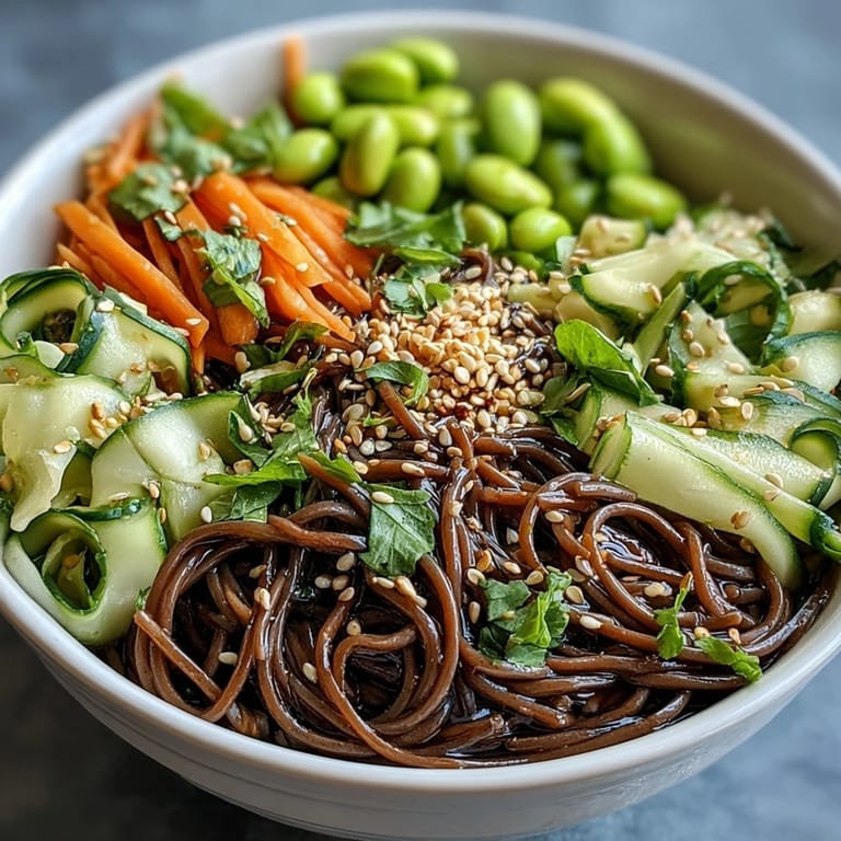 Chilled Soba Noodle Bowl with julienned carrots, cucumber, and edamame, served fresh as a nutritious meal.