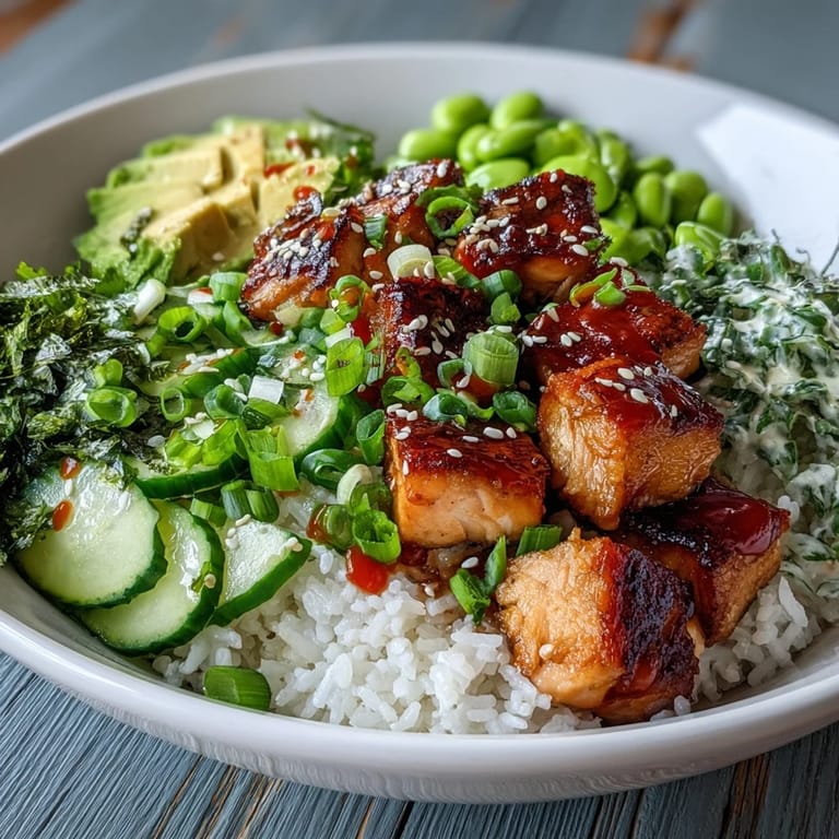 Healthy and colorful, the Salmon Rice Bowl features marinated salmon, crisp veggies, and creamy avocado over warm jasmine rice for dinner.