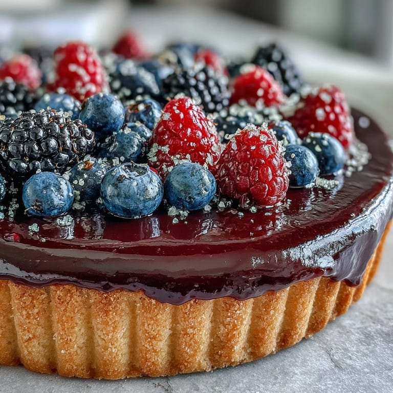 Freshly baked Black Currant Fruit Tart garnished with mint leaves, ready to be sliced and served on a rustic wooden board.
