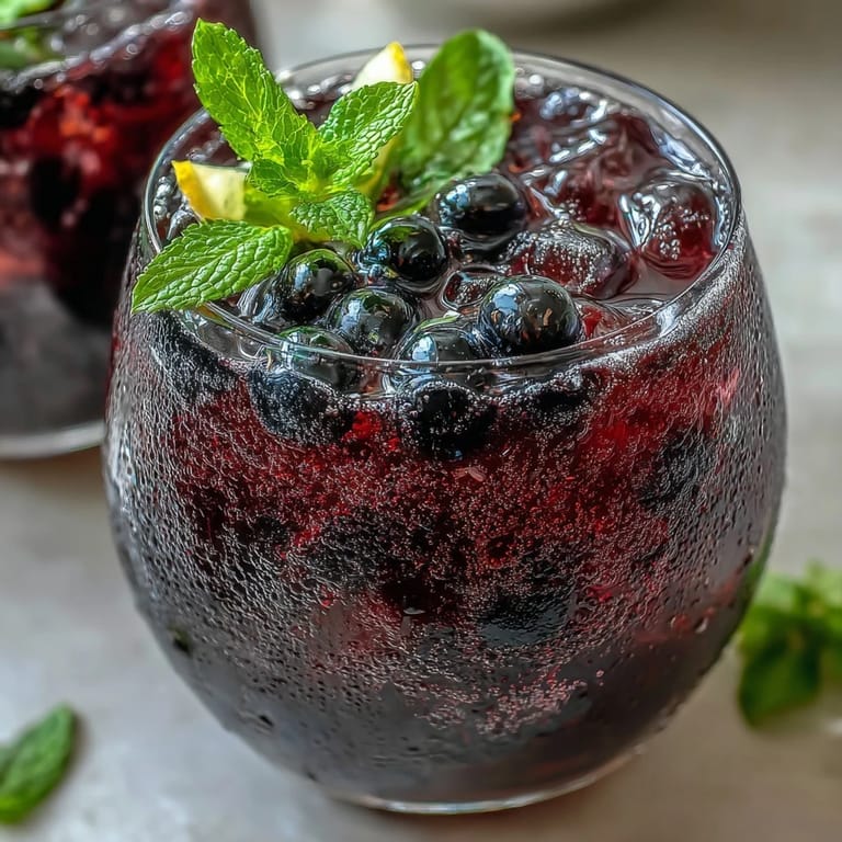 Black Currant It Berry Celebration Drink in a glass with ice, lemon slices, and fresh mint sprigs.