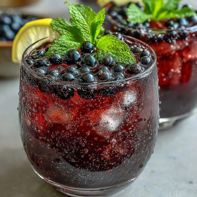 Overhead view of a Black Currant It Berry Celebration Drink surrounded by fresh berries and lemon.