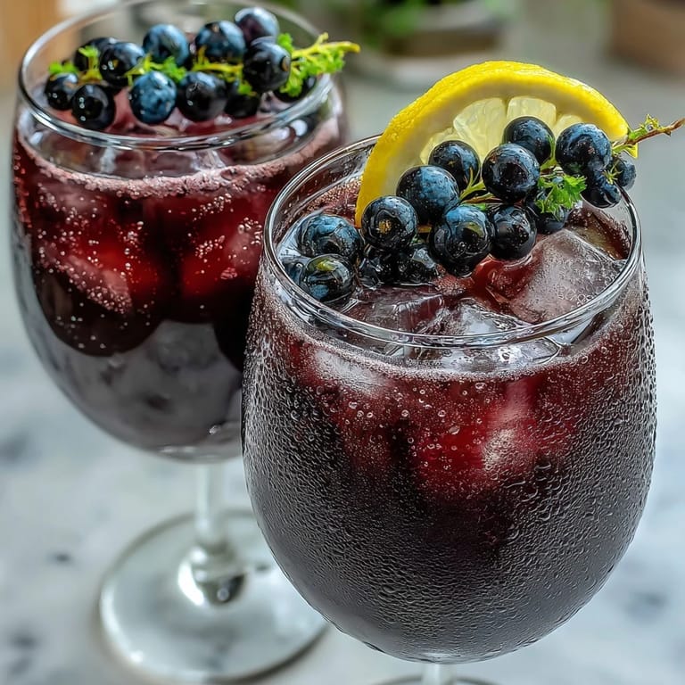 Close-up of a homemade Black Currant and Cassis Cocktail beside a bottle of crème de cassis and white wine.