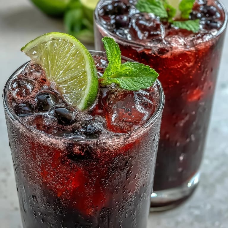 Refreshing black currant mocktail with lime slices and mint sprigs ready for summer gatherings.