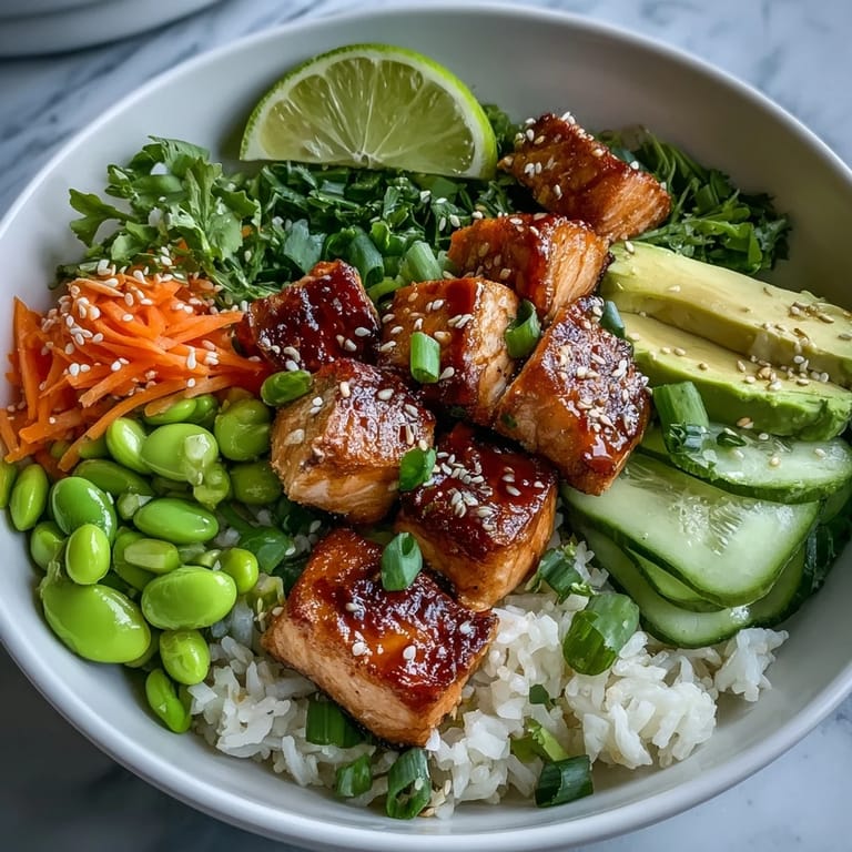 Healthy and colorful salmon rice bowl featuring broiled salmon, steamed jasmine rice, fresh vegetables, and savory sauces for a balanced meal.  