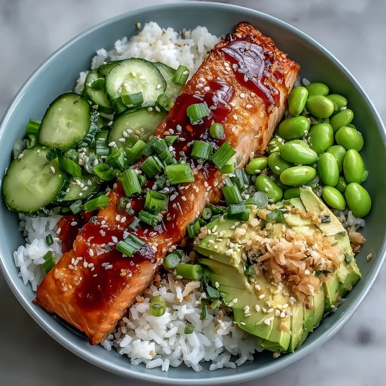Fluffy jasmine rice topped with pan-seared honey sriracha salmon, crisp veggies, creamy avocado, and a swirl of sriracha mayo.  