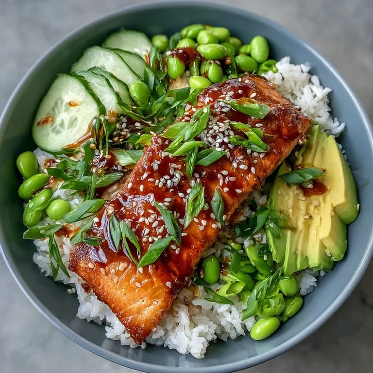 Glazed honey sriracha salmon served over jasmine rice with fresh cucumber, edamame, avocado, sesame seeds, and green onions.