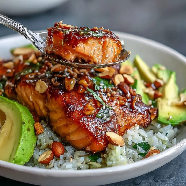 A colorful avocado salmon bowl with sushi rice, crunchy peanuts, and fresh cucumber slices, perfect for a healthy and satisfying lunch.