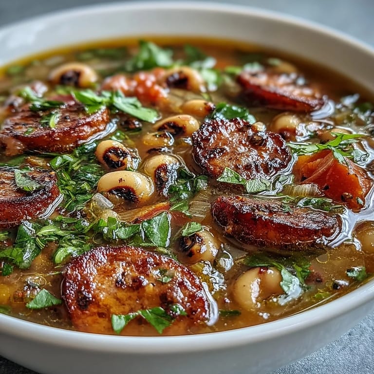 Warming bowl of black-eyed peas and sausage soup, garnished with parsley and Parmesan for a comforting meal.  