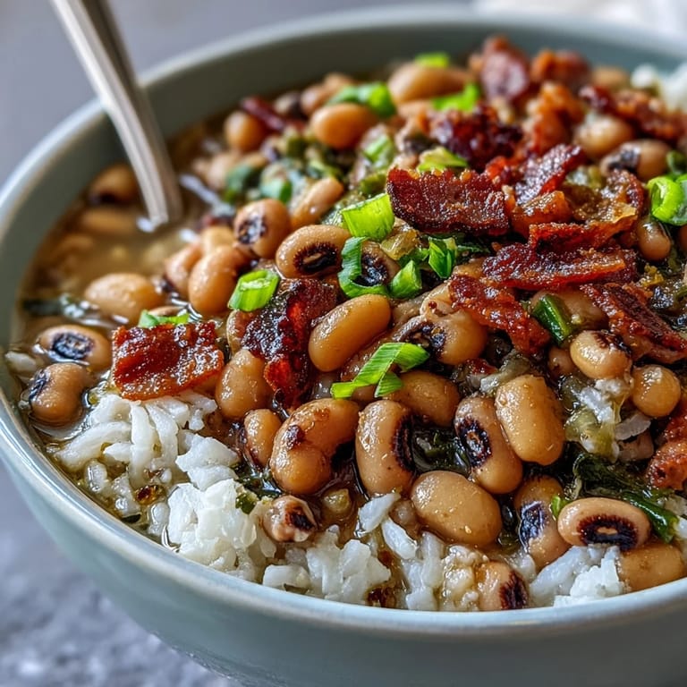 Southern Hoppin John recipe featuring smoky bacon, savory black-eyed peas, and aromatic vegetables, served over steaming rice in a rustic cast iron pot.