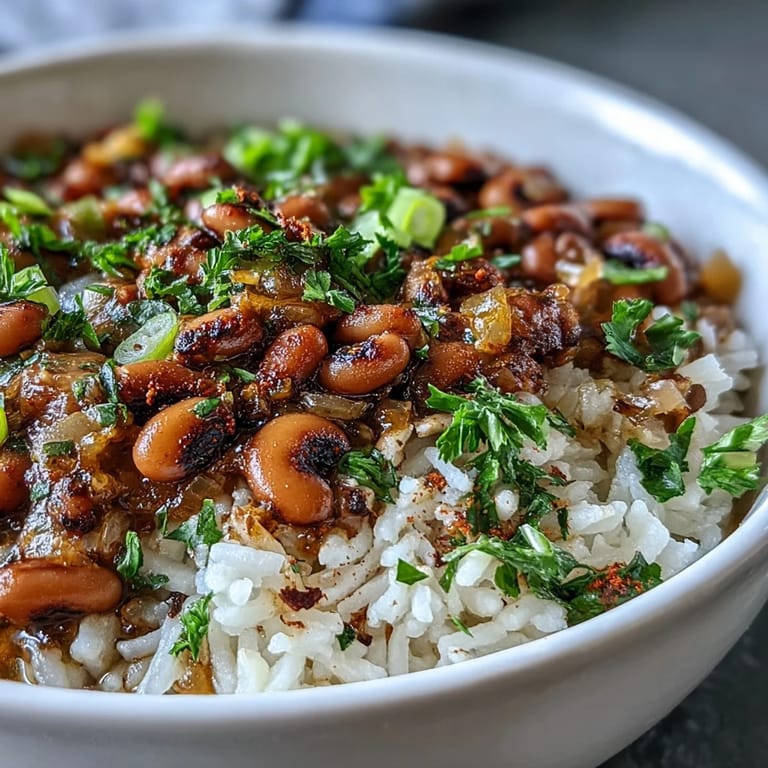 Smoky vegetarian Hoppin John featuring tender black-eyed peas, aromatic spices, and colorful vegetables, spooned over steaming white rice.